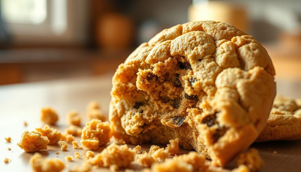 a cookie with crumbs on a table